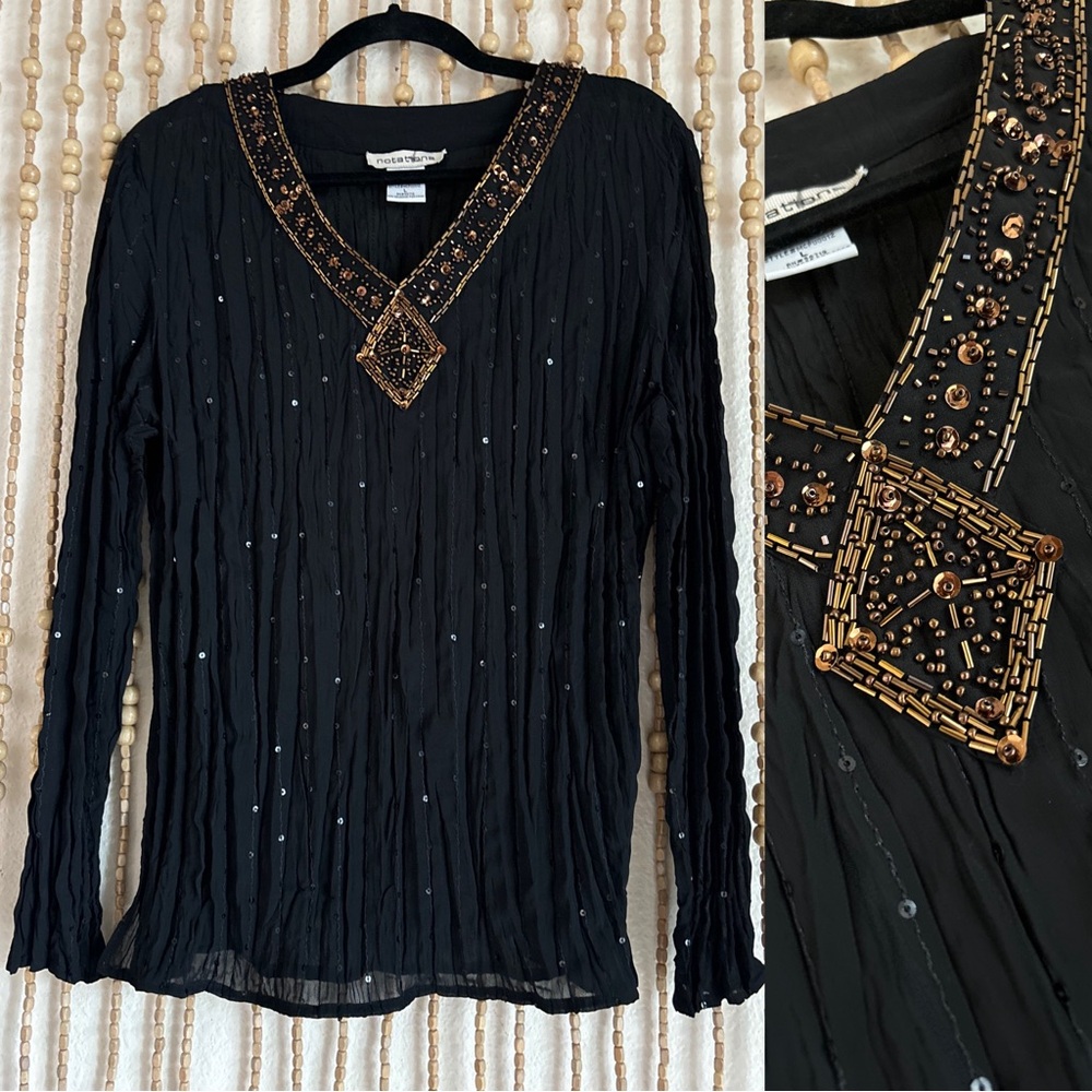 Vintage Y2K Black Gold Beaded Boho Semi Sheer V Neck Fairy Whimsy Long Sleeve